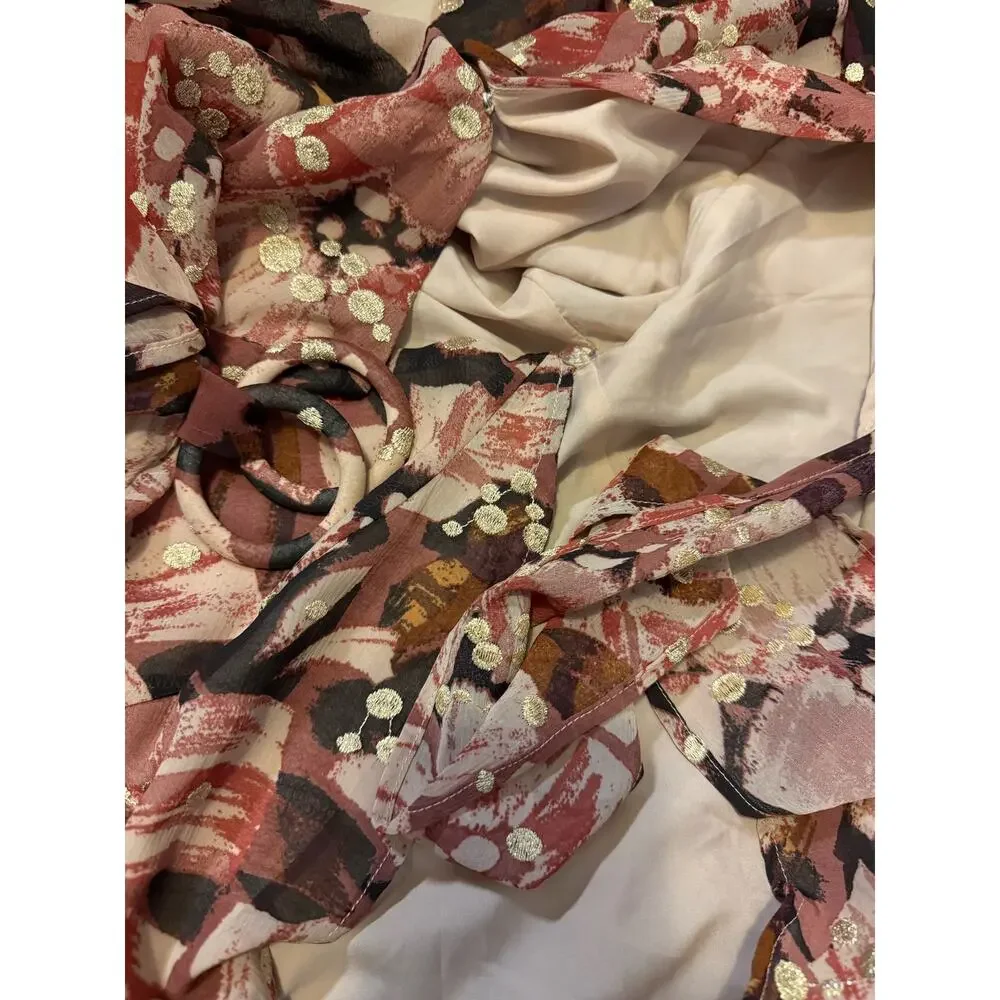 BTFL-Life Women’s XS Pink Gold Floral Plunging Short Sleeve Wrap Mini Dress